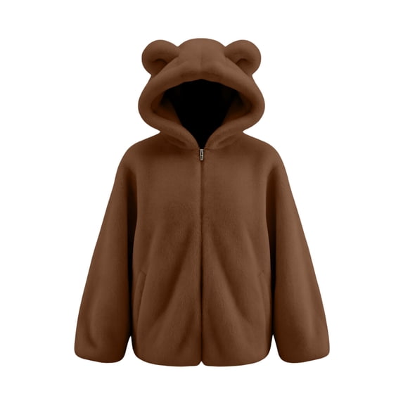 VBVC Women's Fuzzy Fleece Bear Ear Hoodie , Cute Full Zip Sherpa Jacket For Women , Ladies' Cozy Winter Outerwear with Pockets, Coffee , S-2XL