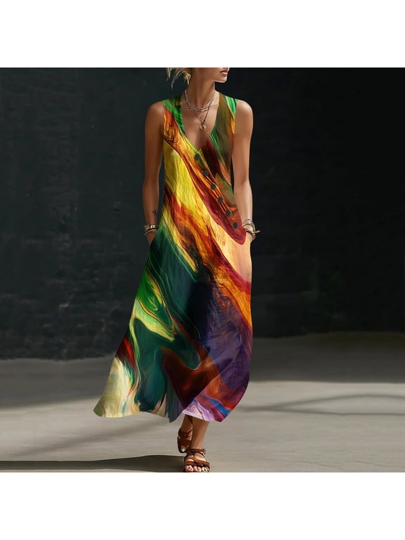 Women's Geometric V-Neck Linen Maxi Dress,Ladies Sleeveless Button Detail Loose Casual Dress,Art Abstract Summer Streetwear for Women,Multicolor,S-3XL