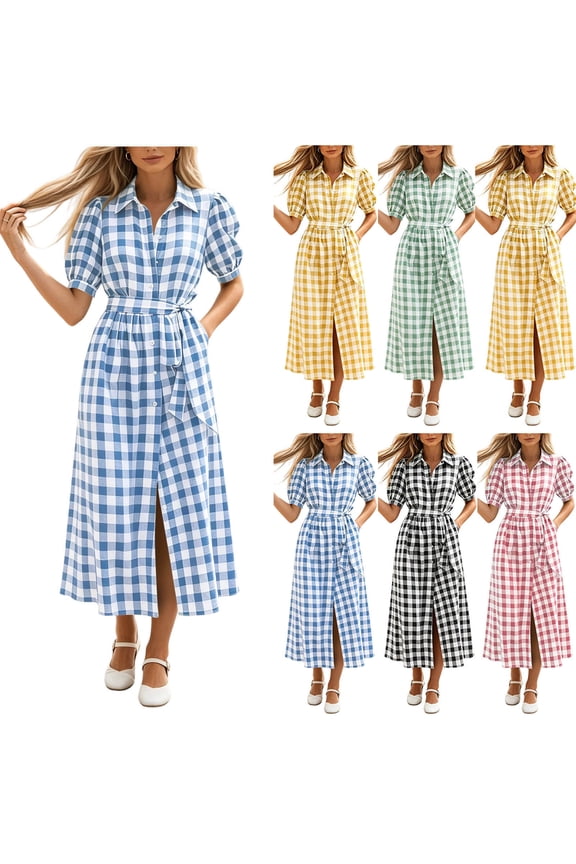 Women's Gingham Button Down Shirt Dress , Ladies' Puff Sleeve Belted Waist Midi Dress , Summer Plaid Vacation Party Dress For Women,Green,S-2XL