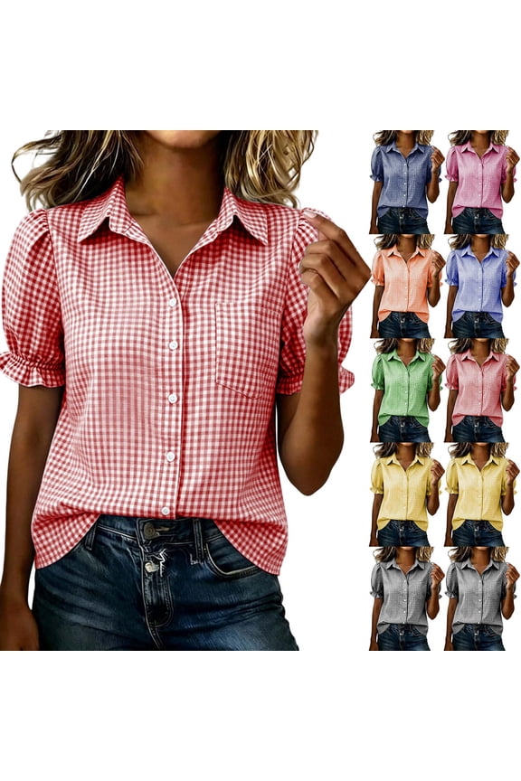 Women's Gingham Button Down Shirt , Ladies' Collared Puff Short Sleeve Blouse , Summer Work Everyday Top For Women,Pink,S-3XL