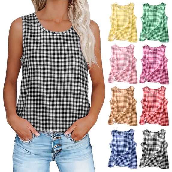 VBVC Women's Gingham Cotton-Linen Sleeveless Tank Top,Ladies Casual Loose Fit Plaid Blouse,Lightweight Summer Checkered Cami Top For Women,Blue,S-3XL
