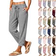 thumbnail image 1 of VBVC Women's Gingham Drawstring Cropped Pants , Summer Tapered Trousers For Women , Ladies' Checkered Side Button Hem Bottoms with Pockets, Black , S-2XL, 1 of 9