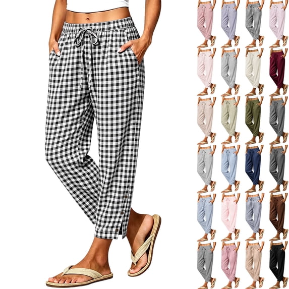 VBVC Women's Gingham Drawstring Cropped Pants , Summer Tapered Trousers For Women , Ladies' Checkered Side Button Hem Bottoms with Pockets, Black , S-2XL