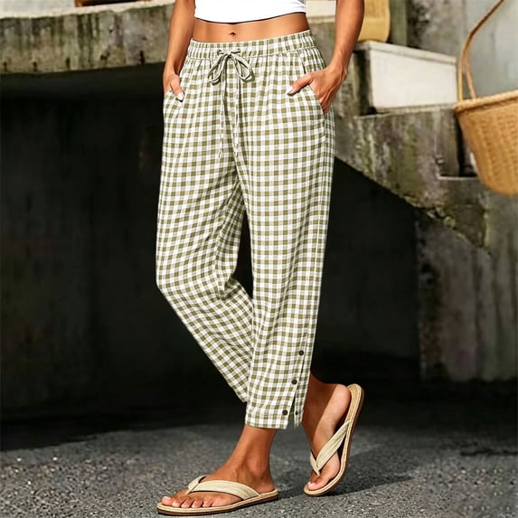 VBVC Women's Gingham Drawstring Cropped Pants , Summer Tapered Trousers For Women , Ladies' Checkered Side Button Hem Bottoms with Pockets, Green , S-2XL
