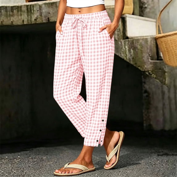 VBVC Women's Gingham Drawstring Cropped Pants , Summer Tapered Trousers For Women , Ladies' Checkered Side Button Hem Bottoms with Pockets, Pink , S-2XL