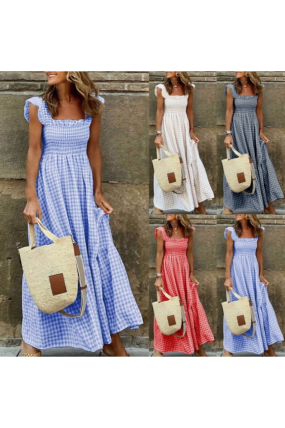 Women's Gingham Ruffle Sleeve Maxi Dress,Ladies Smocked Bodice Tiered Long Dress,Summer Square Neck Beach Wedding Guest Dress For Women,Blue,S-5XL
