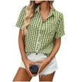 thumbnail image 1 of VBVC Women's Gingham Short Sleeve Shirt,Ladies Pocket Button Down Blouse,V Neck Collared Tops For Women,Green,Size M, 1 of 8