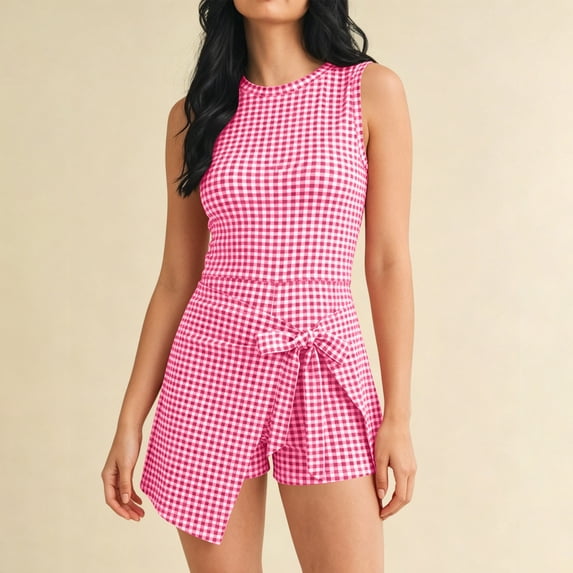 VBVC Women's Gingham Sleeveless Romper , Tie Waist Short Jumpsuit For Women , Ladies' Summer Beach Playsuit, Pink , S-2XL