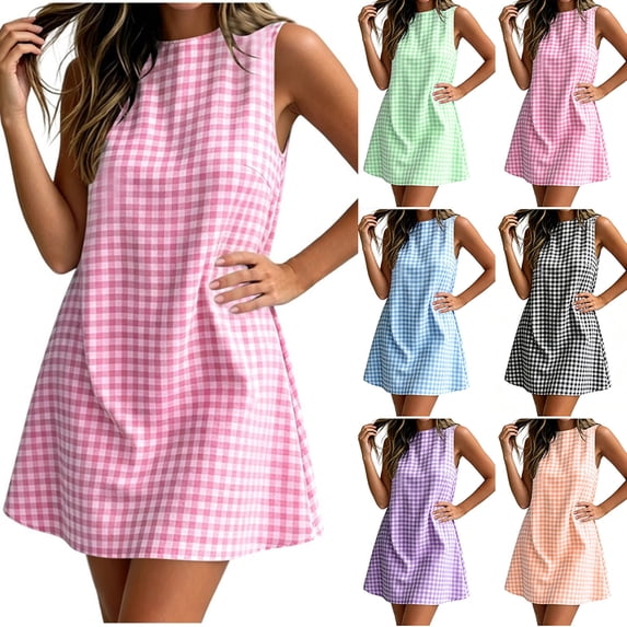 VBVC Women's Gingham Sleeveless Shift Mini Dress,Ladies Crew Neck A-Line Tunic Dress,Casual Summer Plaid Sundress For Women,Light Blue,S-2XL