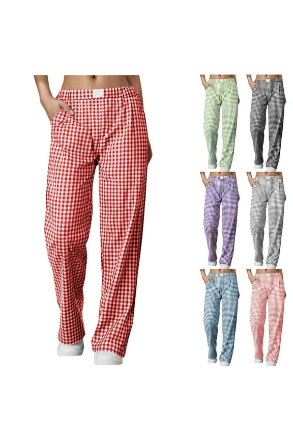 Women's Gingham Straight Leg Pants,Soft Stretch Trousers For Women,Ladies Breathable Loungewear with Pockets,Black,S-2XL