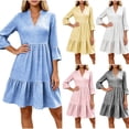 thumbnail image 1 of VBVC Women's Gingham V Neck 3/4 Sleeve Mini Dress , Ladies' Ruffle Bell Sleeve Casual A Line Dress , Summer Casual Tiered Plaid Dress For Women,Black,S-2XL, 1 of 6
