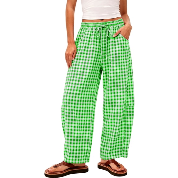 VBVC Women's Gingham Wide Leg Lounge Pants , Comfy Drawstring Summer Trousers For Women , Ladies' Relaxed Fit Casual Slacks with Pockets, Green , S-2XL