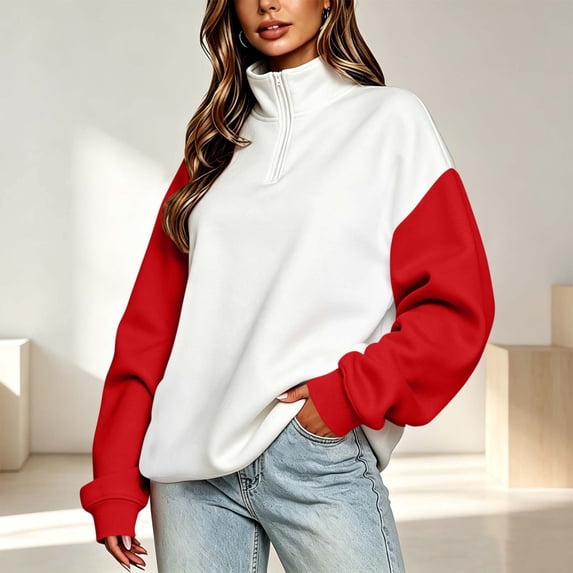 VBVC Women's Half Zip Color Block Sweatshirt, Ladies' Oversized Drop Shoulder Pullover , Long Sleeve Casual Mock Neck Top For Women, Red , S-2XL