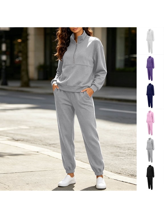 Women's Half Zip High Neck 2 Piece Tracksuit , Casual Jogger Loungewear For Women , Ladies' Long Sleeve Sweatpant Set with Pockets,Black,S-5XL