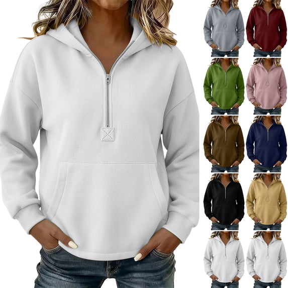 VBVC Women's Half Zip Hooded Sweatshirt, Fall Winter Long Sleeve Top For Women, Ladies' Oversized Pullover Hoodie With A Pocket, White , S-2XL