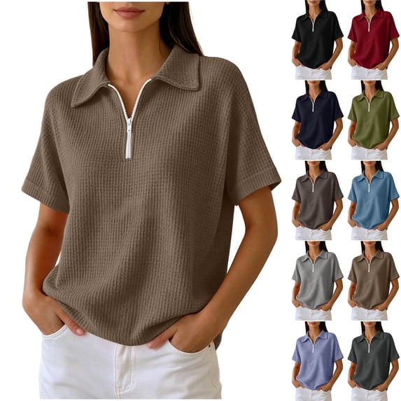 VBVC Women's Half Zip Waffle Collared Top , V Neck Short Sleeve Blouse For Women , Ladies' Loose Fit Breathable Summer Shirt, Black , S-3XL
