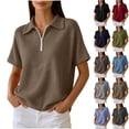 thumbnail image 1 of VBVC Women's Half Zip Waffle Collared Top , V Neck Short Sleeve Blouse For Women , Ladies' Loose Fit Breathable Summer Shirt, Khaki , S-3XL, 1 of 8