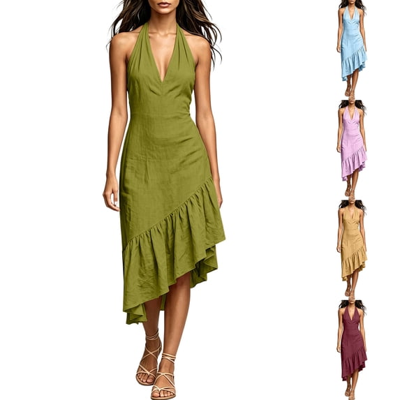 VBVC Women's Halter V Neck Asymmetrical Midi Dress , Ladies' Ruffle Hem Sleeveless Cocktail Dress , Summer Party Vacation Dresses For Women,Pink,S-3XL
