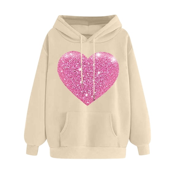VBVC Women's Heart Streetwear Sweatshirt,Valentine's Day Hoodie For Women,Ladies Drawstring Pullover with Kangaroo Pocket,Khaki,Size XL