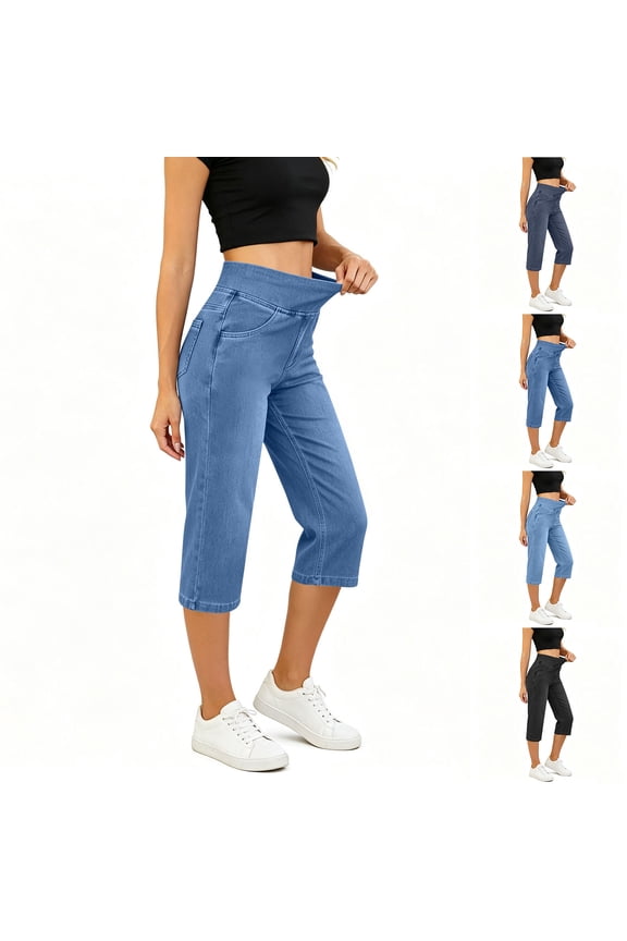 Women's High Elastic Waisted Denim Capris , Washed Pull On Capri Jeans For Women,Ladies' Stretch Cropped Pants with Pockets,Blue,S-2XL
