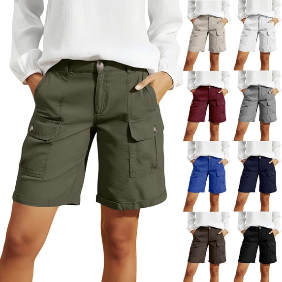 VBVC Women's High Waist Cargo Bermuda Shorts,Button Fly Utility Shorts For Women,Ladies Summer Knee Length Hiking Shorts with Pockets,Beige,S-2XL