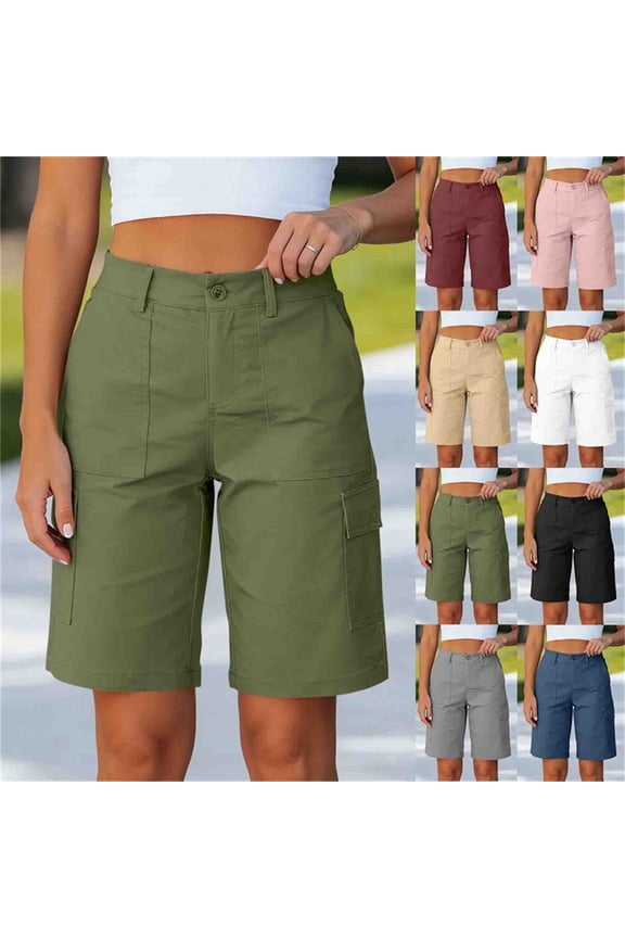 Women's High Waist Cargo Bermuda Shorts,Button Fly Utility Workwear Shorts For Women,Ladies Summer Knee Length Hiking Shorts with Pockets,Army Green,S-2XL