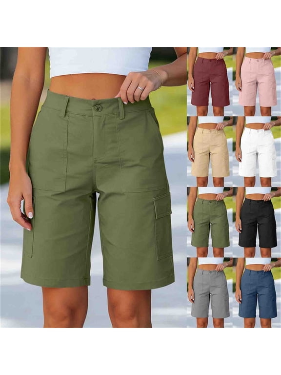 Women's High Waist Cargo Bermuda Shorts,Button Fly Utility Workwear Shorts For Women,Ladies Summer Knee Length Hiking Shorts with Pockets,Navy,S-2XL