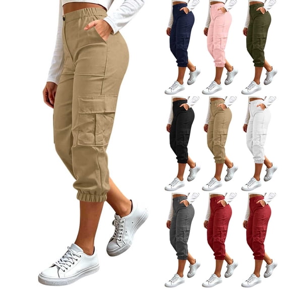 VBVC Women's High Waist Cargo Capri Pants , Slim Straight Leg Sweatpants For Women , Ladies' Hiking Cropped Joggers with Pockets, Khaki , S-2XL