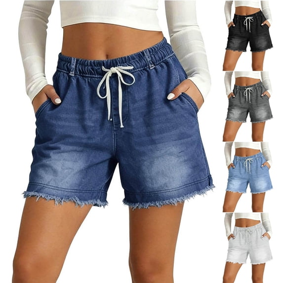 VBVC Women's High Waist Drawstring Denim Shorts,Frayed Hem Washed Jean Shorts For Women,Ladies Summer Straight Leg Shorts with Pockets,Gray,S-2XL