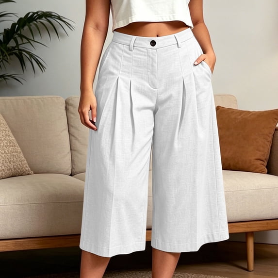 VBVC Women's High Waist Pleated Culottes , Cotton Linen Office Pants For Women , Ladies' Elegant Cropped Trousers with Pockets, White , M-4XL