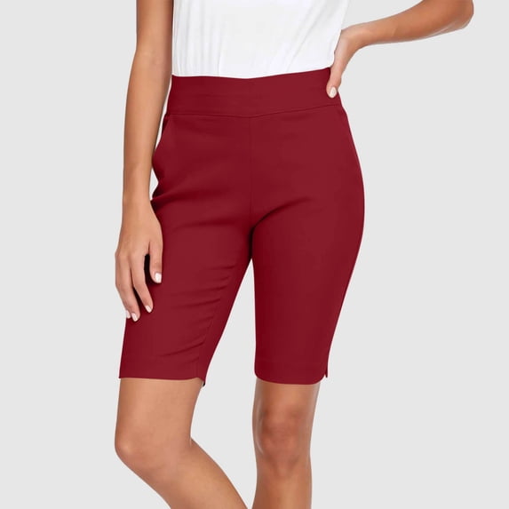 VBVC Women's High Waisted Bermuda Shorts , Pull On Summer Capris For Women , Ladies' Stretchy Slim Knee Length Pants,Wine,S-2XL