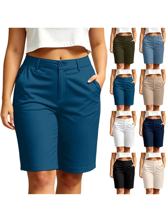 Women's High Waisted Business Bermuda Shorts , Lightweight Golf Shorts For Women,Ladies' Knee Length Casual Work Trousers with Pockets,Army Green,S-2XL