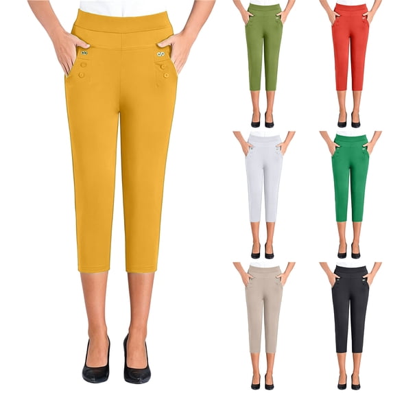 VBVC Women's High Waisted Capri Pants , Straight Leg Work Cropped Pants For Women,Ladies' Stretchy Summer Trousers with Pockets,White,XL-5XL