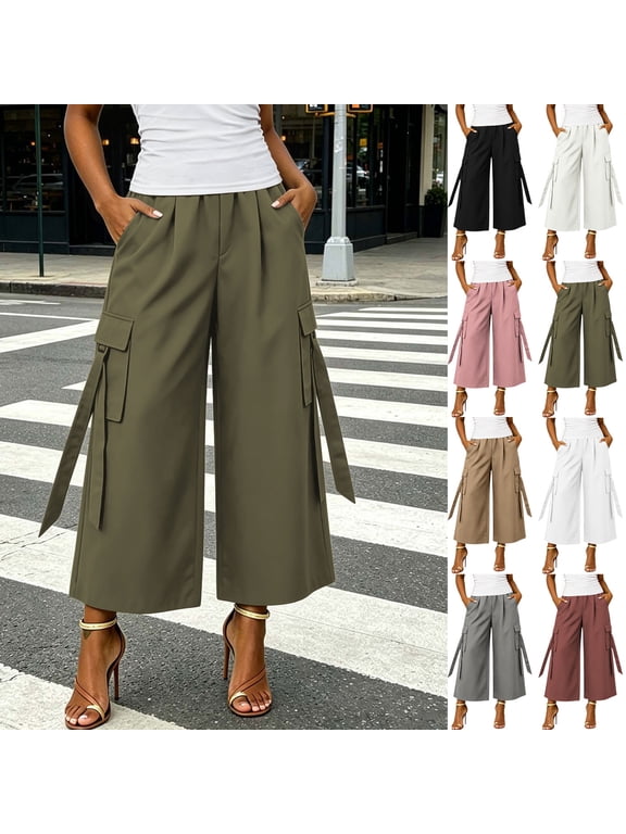 Women's High Waisted Cargo Culottes , Wide Leg Cropped Palazzo Pants For Women , Ladies' Casual Utility Trousers with Pockets,Beige,S-2XL