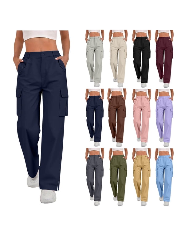 Women's High Waisted Cargo Pants with Pockets,Stretchy Wide Leg Split Hem Bottoms For Women,Ladies Comfy Streetwear Trousers for Summer,Dark Gray,S-2XL