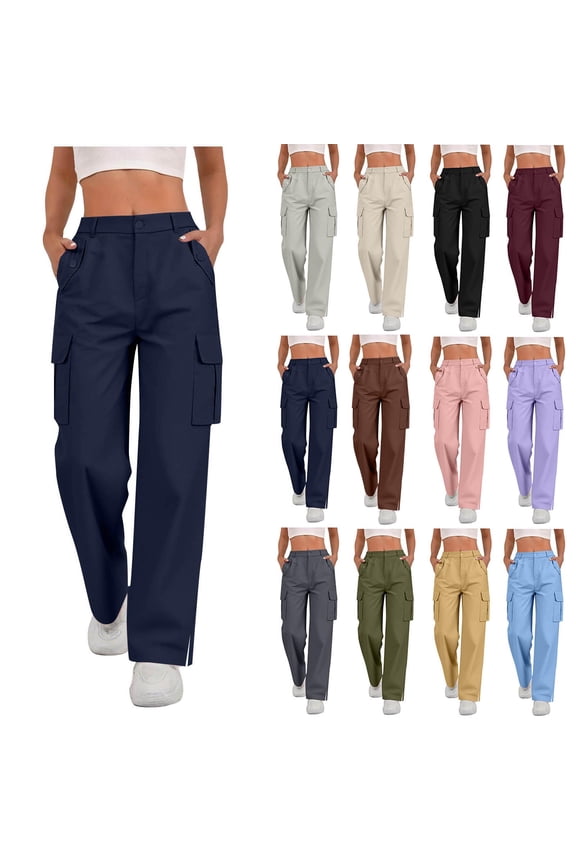 Women's High Waisted Cargo Pants with Pockets,Stretchy Wide Leg Split Hem Bottoms For Women,Ladies Comfy Streetwear Trousers for Summer,Yellow,S-2XL