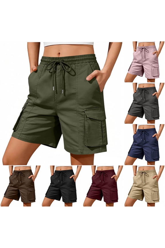 Women's High Waisted Cargo Shorts,Drawstring Elastic Waist Bottoms For Women,Ladies Lightweight Summer Casual Beach Shorts with Multi Pockets,Black,S-2XL