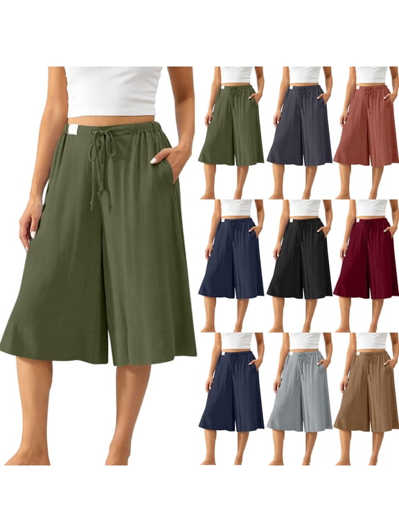 Women's High Waisted Cotton-Linen Culottes,Drawstring Wide Leg Cropped Trousers For Women,Ladies Lightweight Summer Lounge Pants with Pockets,Wine,S-2XL