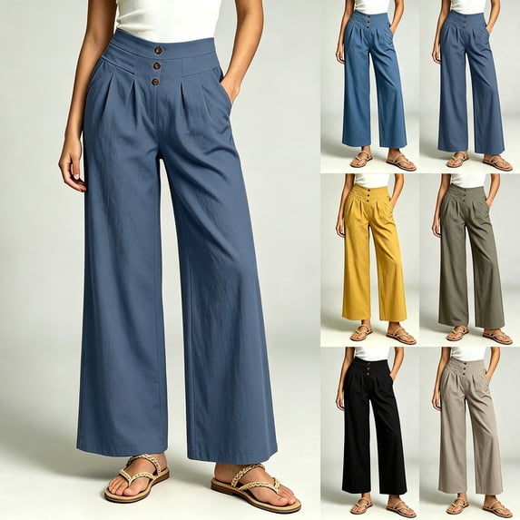 VBVC Women's High Waisted Cotton Linen Pants , Wide Leg Work Business Trousers For Women , Ladies' Button Detail Pleated Pants with Pockets,Blue,S-XL