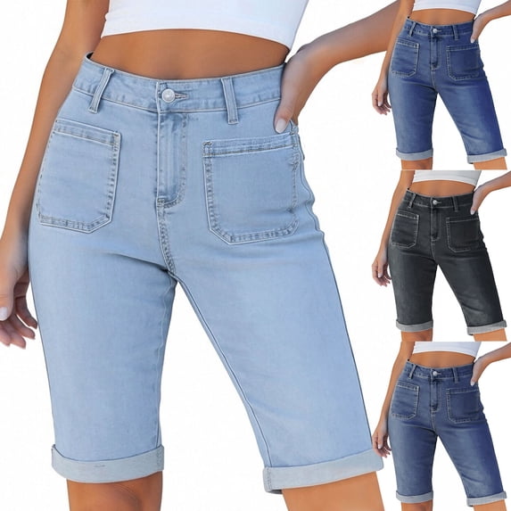 VBVC Women's High Waisted Denim Bermuda Shorts,Stretchy Slim Cuffed Bottoms For Women,Ladies Casual Summer Tummy Control Jean Shorts with Pockets,Sky Blue,S-2XL