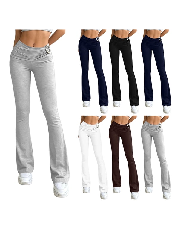 Women's High Waisted Flare Leg Pants , Ruched Waist Bootcut Pants For Women , Ladies' Casual Stretchy Bell Bottoms with O-Ring,Black,XS-3XL