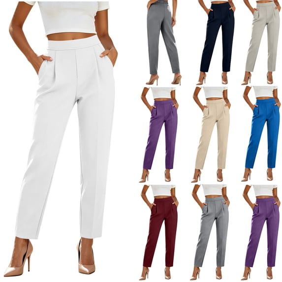 VBVC Women's High Waisted Pleated Dress Pants , Straight Leg Work Trousers For Women,Ladies' Office Ankle Pants with Pockets,Beige,S-2XL
