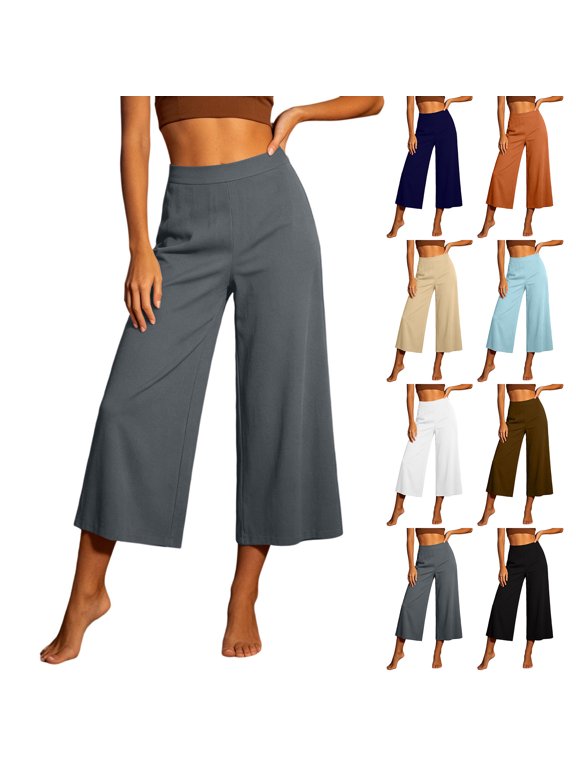 Women's High Waisted Pull-On Capri Pants , Ladies' Casual Palazzo Cropped Trousers , Loose Fit Lounge Culottes For Women,Navy,S-2XL