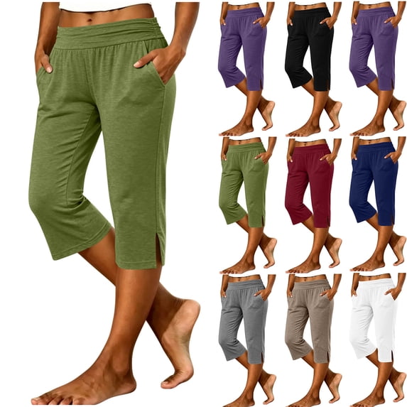 VBVC Women's High Waisted Side Slit Capri Pants , Soft Stretchy Cropped Pants For Women , Ladies' Lightweight Trousers with Pockets,Army Green,S-2XL