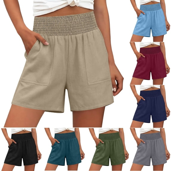 VBVC Women's High Waisted Smocked Linen Shorts,Summer Wide Leg Bottoms For Women,Ladies Lightweight Beach Lounge Shorts with Pockets,Gray,S-2XL