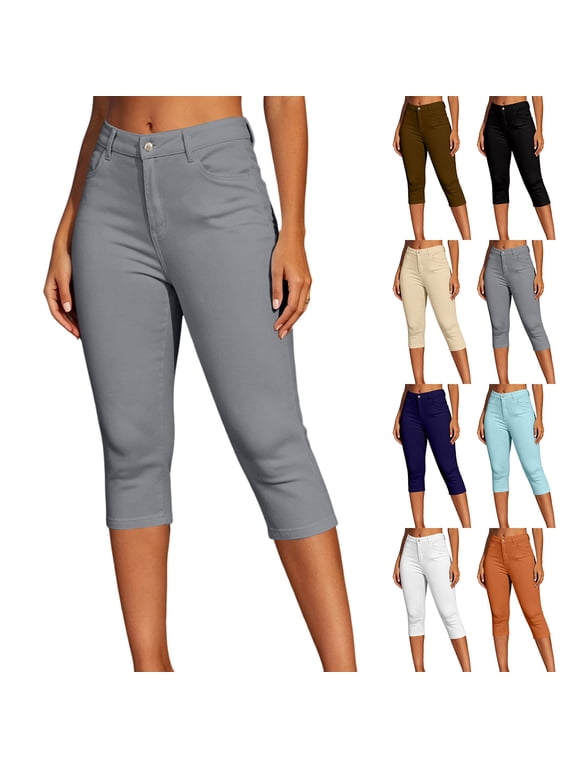 Women's High Waisted Stretchy Capri Pants , Slim Cropped Leggings For Women,Ladies' Button Fly Summer Trousers with Pockets,Black,S-2XL