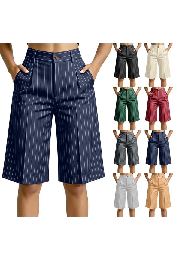 Women's High Waisted Striped Bermuda Shorts , Casual Wide Leg Knee Length Shorts For Women,Ladies' Tailored Work Shorts with Pockets,Gray,S-2XL