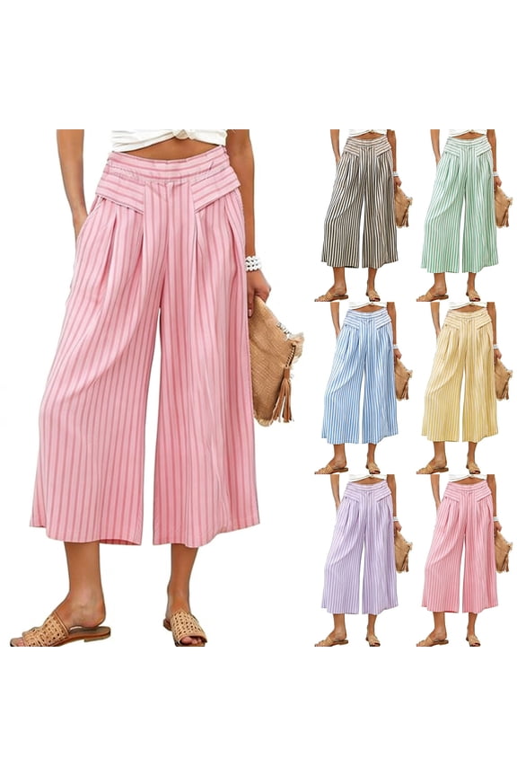 Women's High Waisted Striped Wide Leg Culottes,Pleated Front Cropped Trousers For Women,Ladies Lightweight Summer Beach Lounge Pants with Pockets,Pink,S-2XL