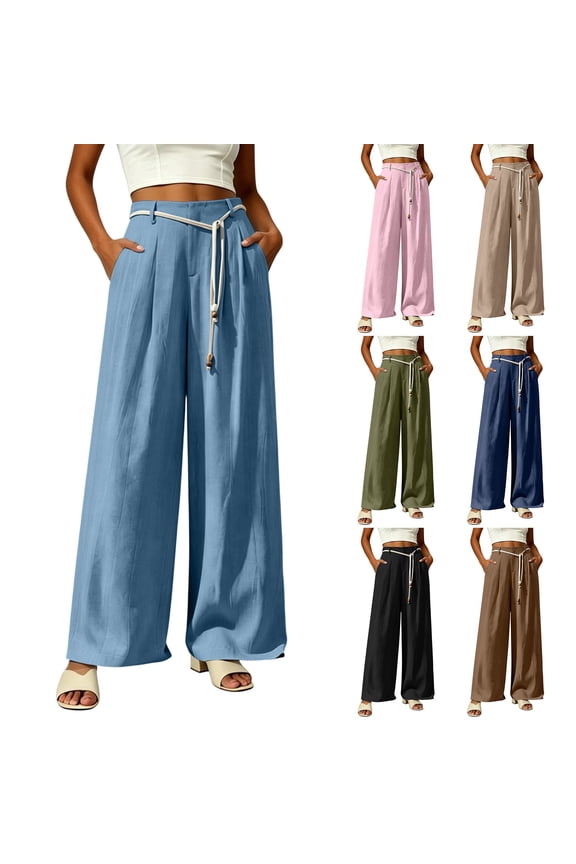 Women's High Waisted Wide Leg Pants , Pleated Palazzo Pants For Women , Ladies' Casual Flowy Dress Trousers with Pockets and a Belt,Brown,S-2XL
