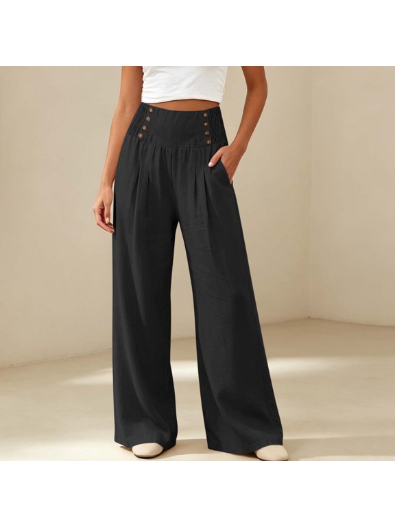 Women's High Waisted Wide Leg Pants with Pockets , Pleated Button Down Trousers For Women, S-2XL